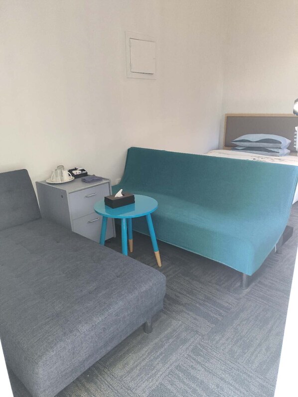 A small, modern room with a grey sofa, a blue armchair, a small table with a tissue box, and a bed with a blue headboard.
