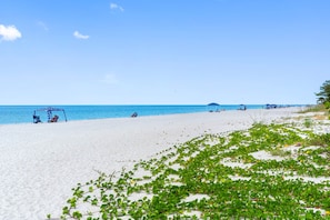 Une plage avec une eau d’un bleu limpide, quelques personnes et un peu de végétation sur le sable.