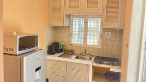 Cozinha compacta com micro-ondas, geladeira, pia e fogão.