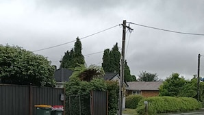 A residential street with houses, a fence, and two green bins. - 3 Beds including 1 Double Bed, 2 Single Sofa Beds Garden Chalet, Unit C, 9 Steeles Lane (Rotorua)