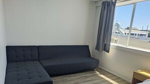 A room with a dark-colored sofa, a bed, and a window with a view of a building and a chimney.