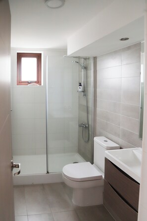 Secadora de cabello, toallas, jabón, papel de baño