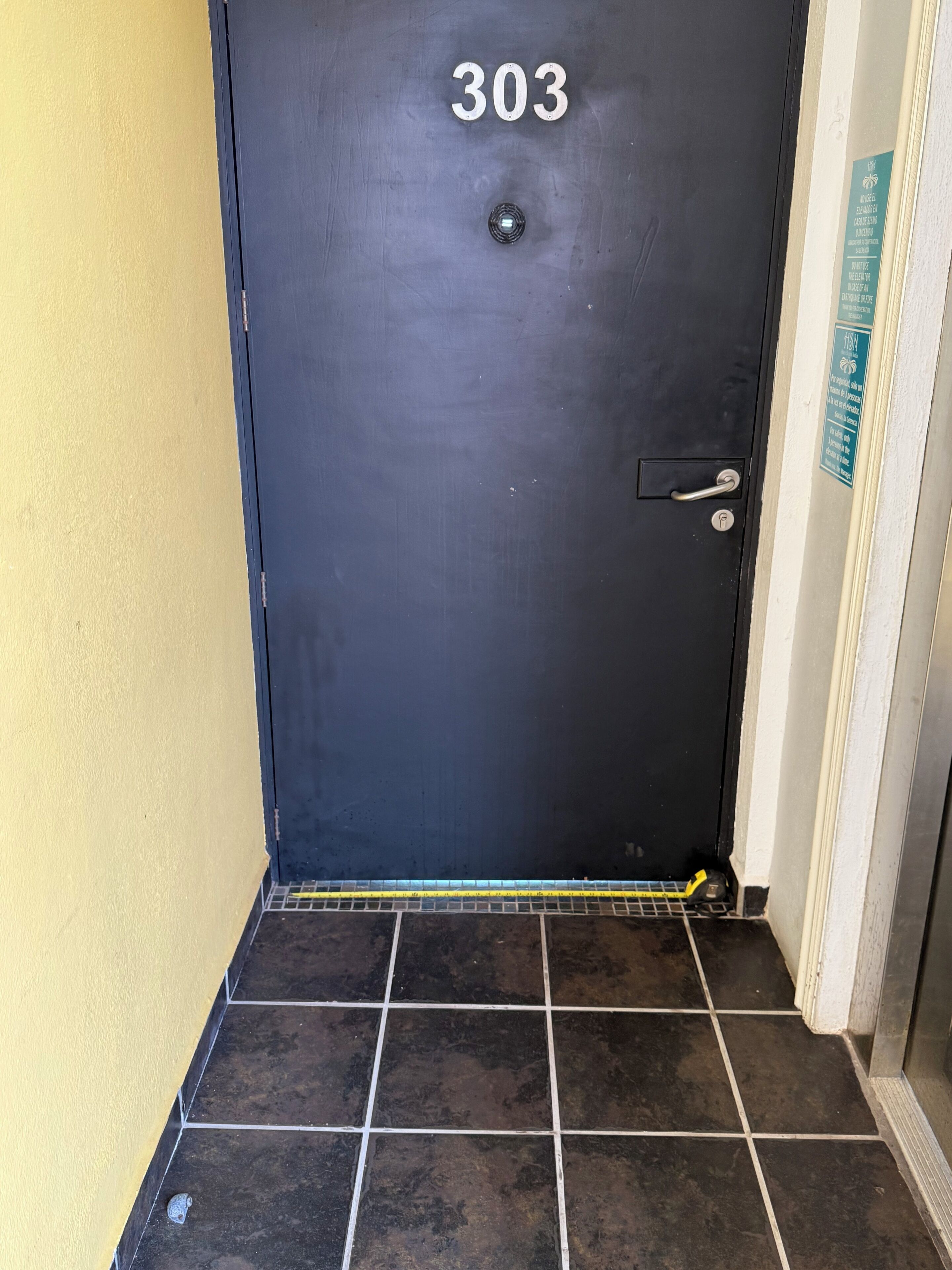 A black door with the number 303, a metal handle, and a small vent above it.