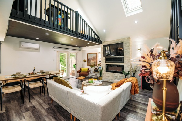 Smart TV, fireplace, books