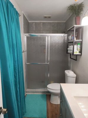 Shower, towels, soap, toilet paper
