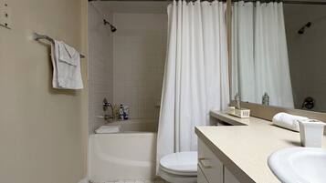 Hair dryer, towels, soap, shampoo