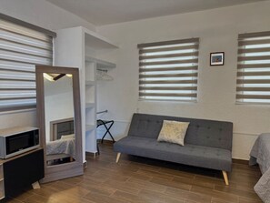 Um quarto moderno com um sofá cinza, um armário de madeira com micro-ondas e um espelho grande.