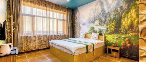 A bedroom with a large bed, a stone wall mural, a wooden dresser, and a window with curtains.