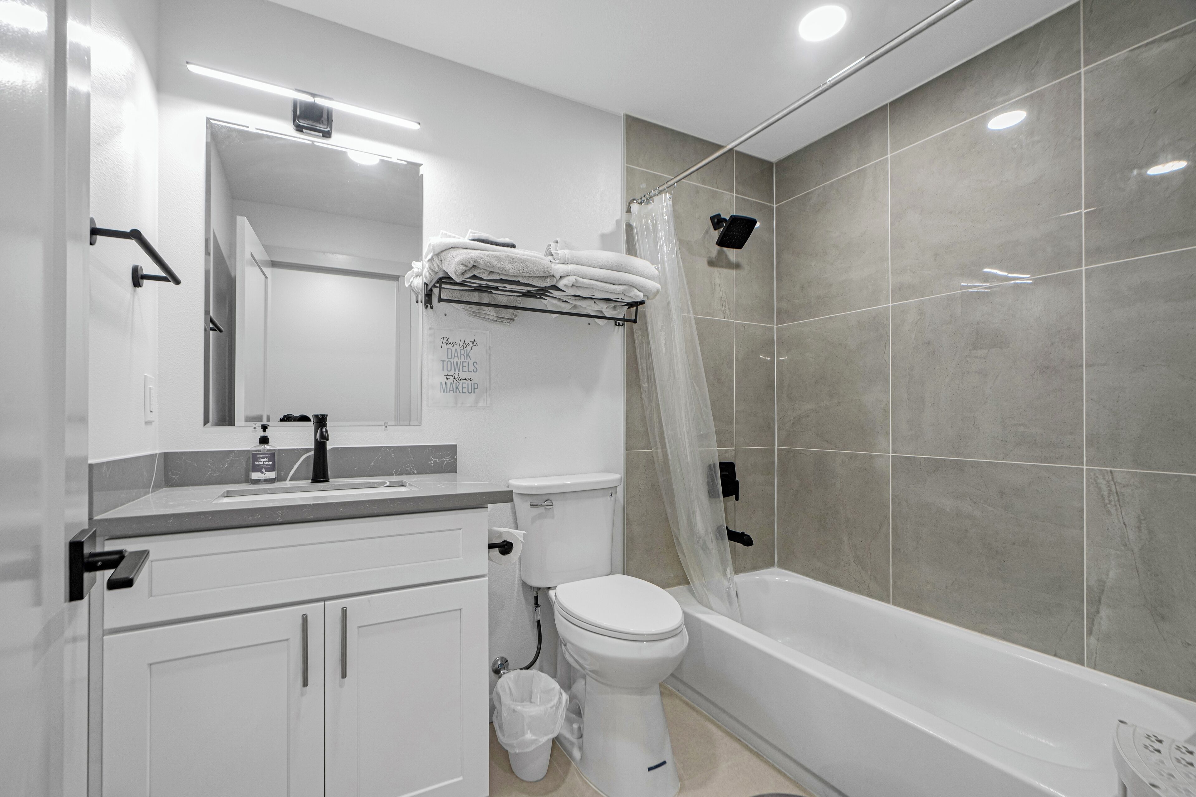 Hair dryer, towels, soap, toilet paper