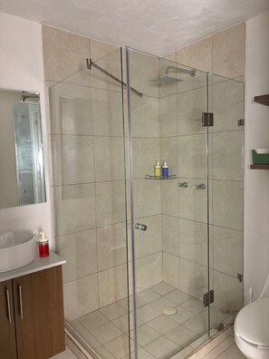 Hair dryer, towels, soap, toilet paper