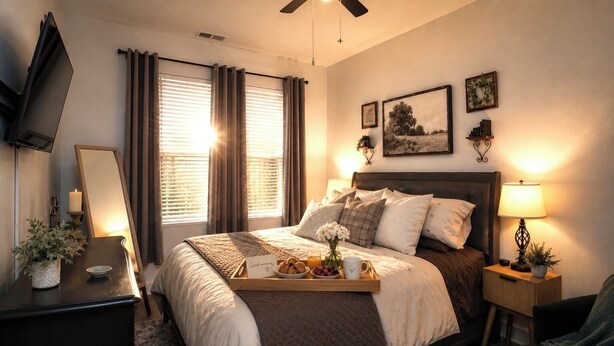 A bedroom with a bed, bedside tables, a nightstand, a TV, and a window with curtains. -     Spotless Luxury Retreat. Walk to Food & Fun. King Bed. Free Parking (Chattanooga)