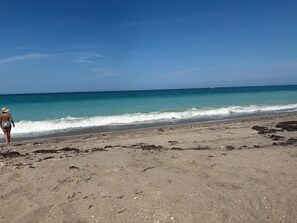 A beach with a person walking along the shore. - Beautiful 2-bedroom Condo Steps to the Beach. (Fort Pierce)