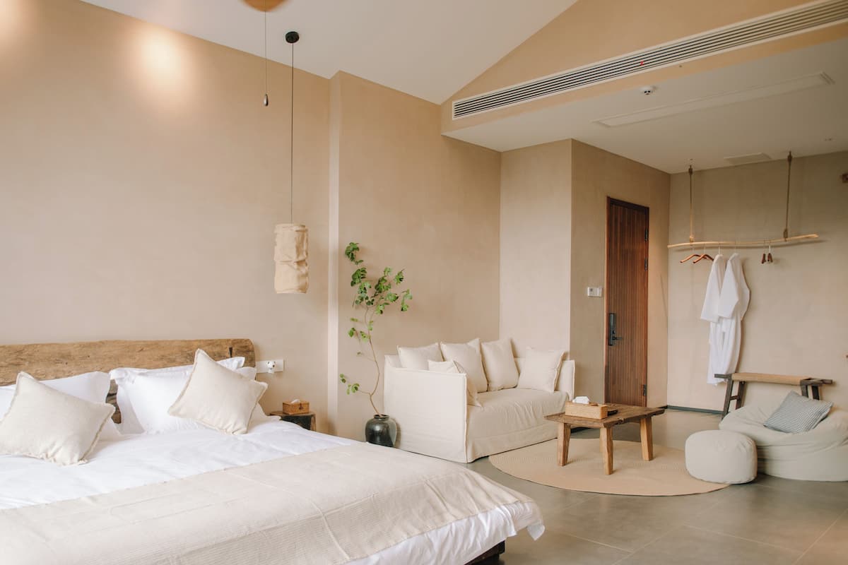 A modern bedroom with a large bed, a sofa, a small table, and a hanging plant.