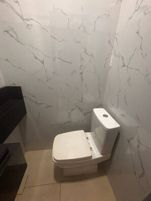 A small bathroom with a toilet, a sink, and a mirror. The walls have a marble-like pattern.