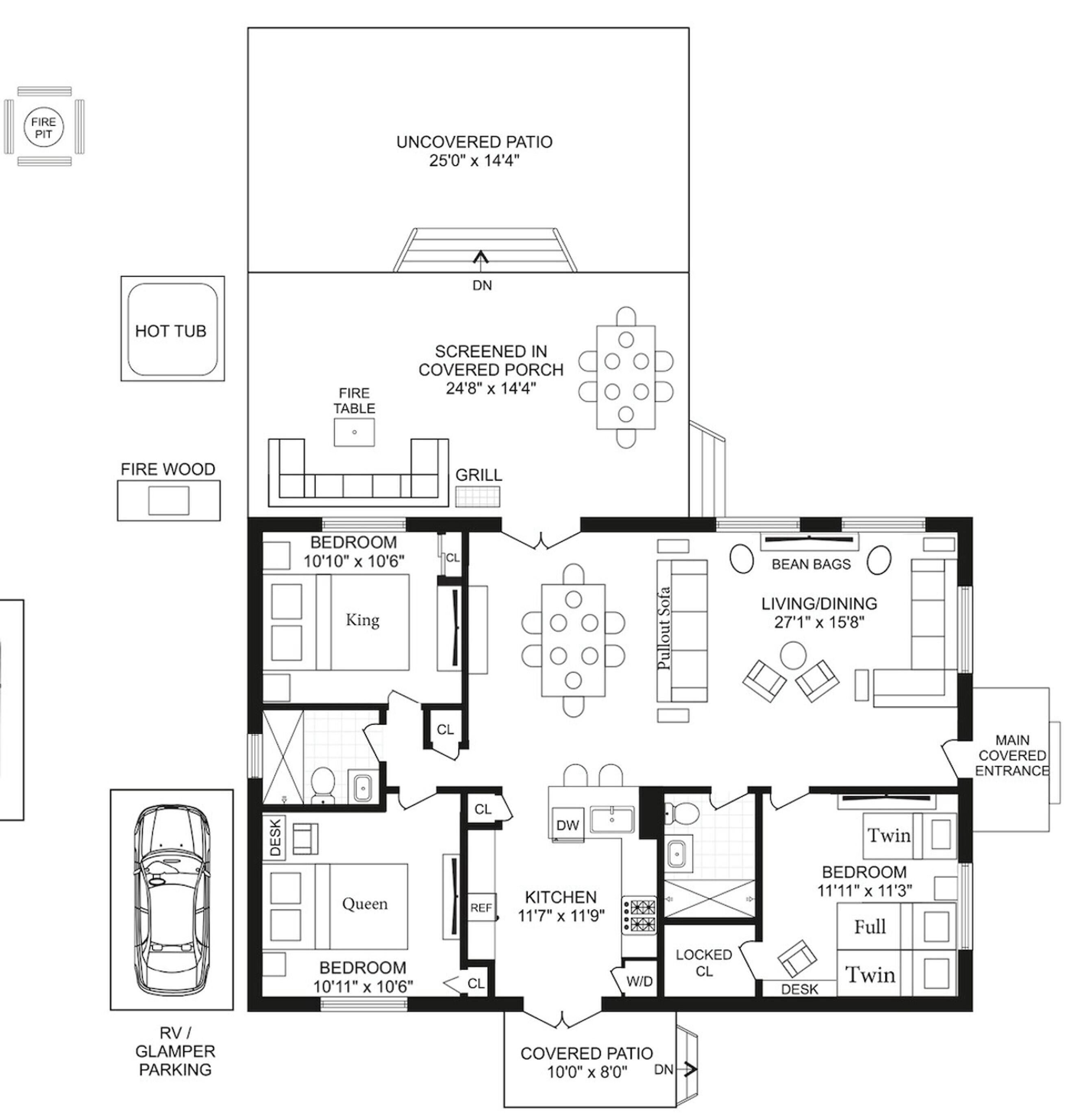 Plano de planta de una casa con patio descubierto, porche con mosquiteras y patio cubierto.