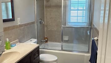 Hair dryer, towels, soap, toilet paper