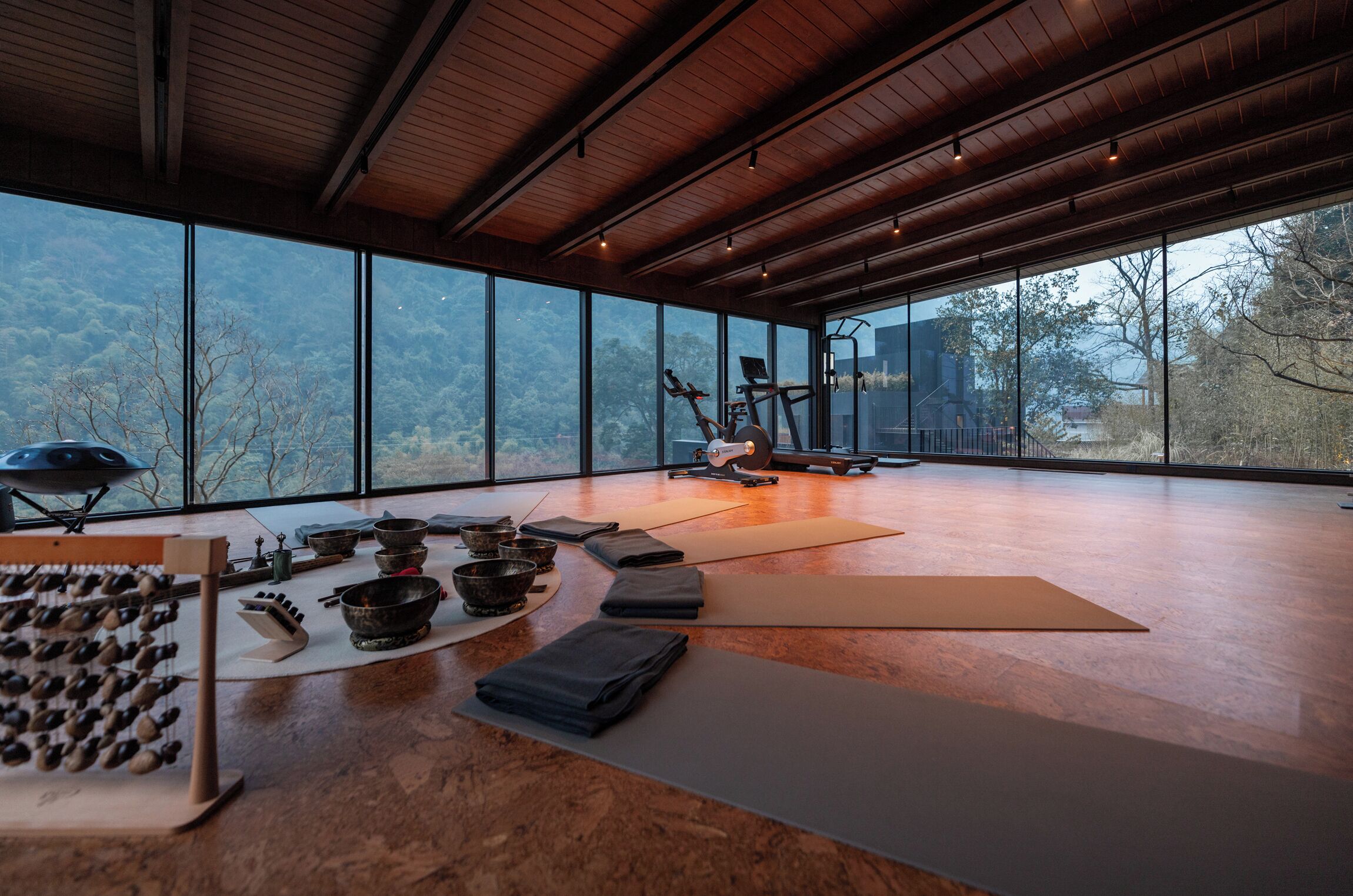 Una habitación amplia con ventanas grandes, techo de madera y equipo de ejercicio.