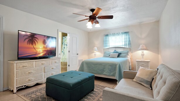 A bedroom with a bed, a TV, a ceiling fan, and a nightstand with a lamp. - Cozy 2-bedroom apartment in centrally located Deltona. SLEEPS 7 PEOPLE! (Deltona)