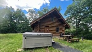 Una cabaña de troncos con un patio, un jacuzzi y una mesa de picnic.