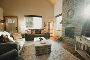 Smart TV, fireplace, books
