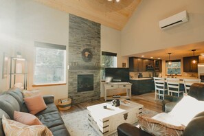 TV connectée, cheminée, livres