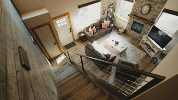 Smart TV, fireplace, books