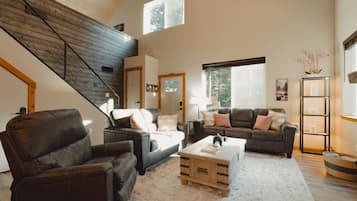 Smart TV, fireplace, books