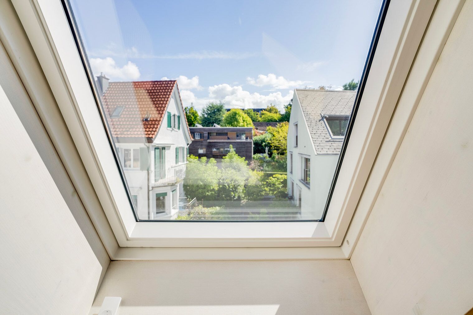 A skylight with a view of neighboring houses and greenery.