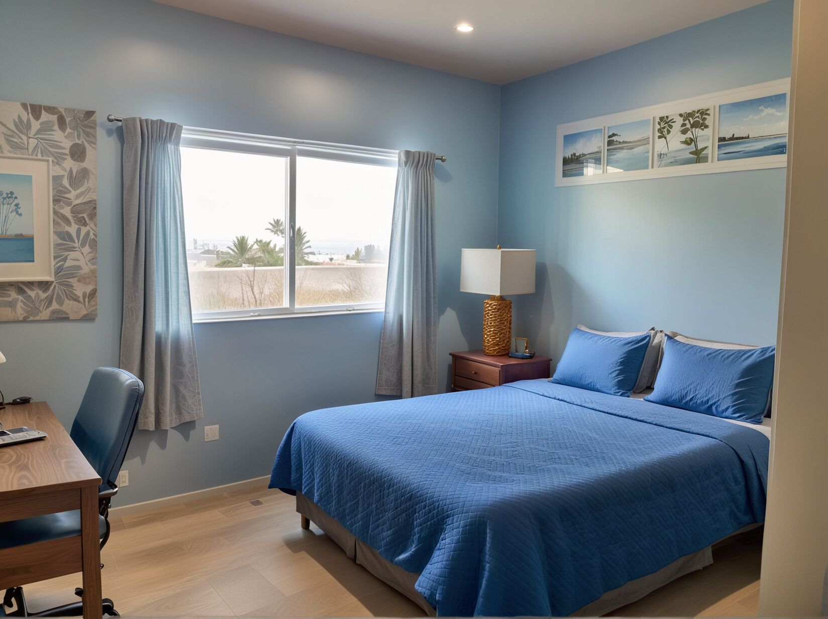 Un dormitorio con una cama, un escritorio, una silla, un ventanal con cortinas, una lámpara y obras de arte en la pared.