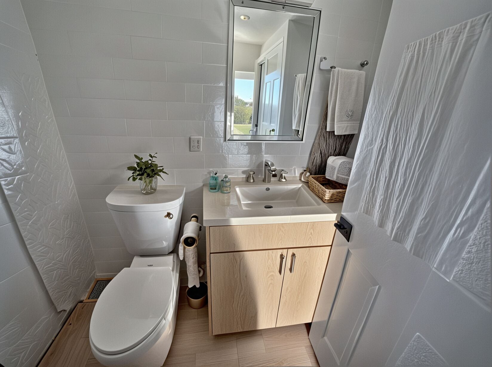 A compact bathroom with a toilet, bidet, sink, and a mirror above the sink.