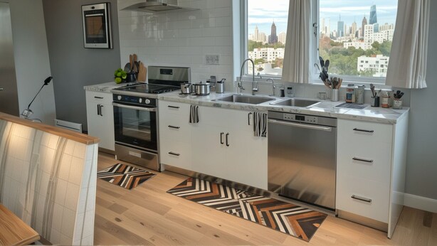 A modern kitchen with white cabinetry, stainless steel appliances, and a city view through large windows.
