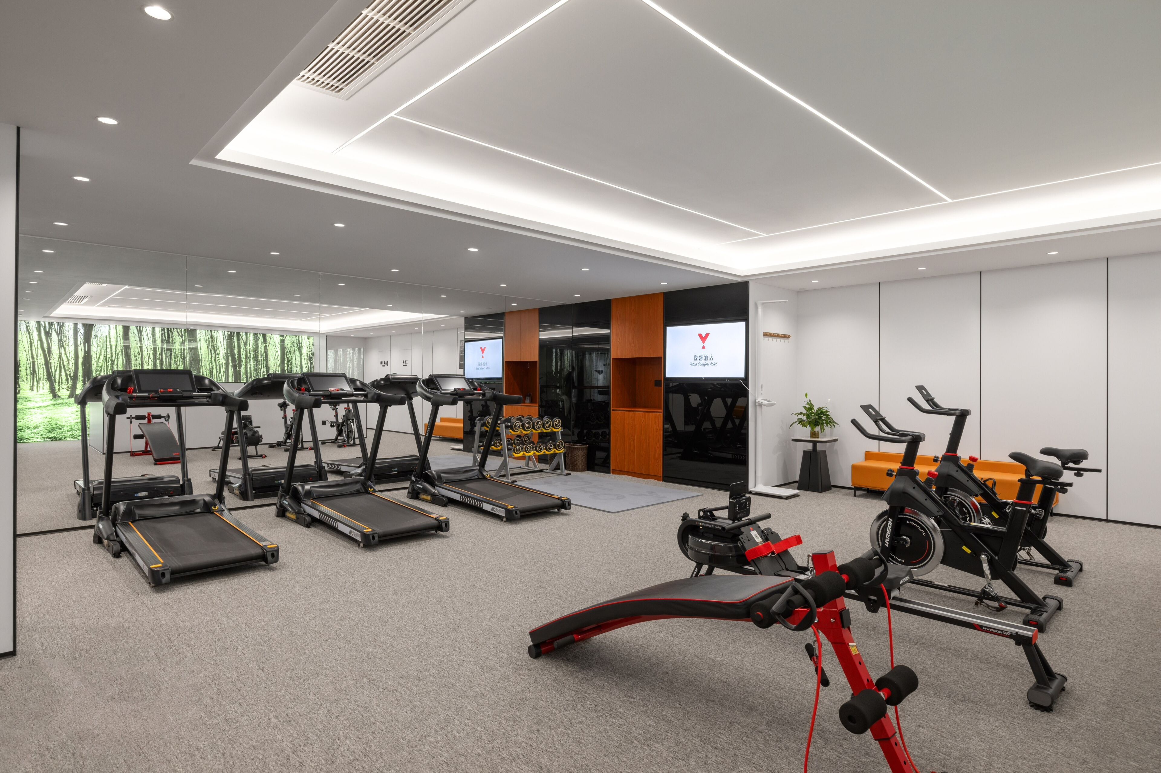 A modern gym with treadmills, stationary bikes, and a rowing machine.