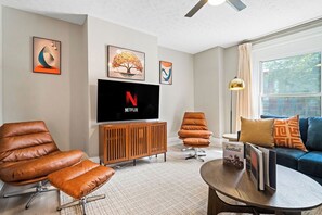 Smart TV, fireplace, books