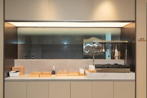 Une cuisine moderne dotée d’un évier en acier inoxydable, d’un four encastré et d’un grand miroir au-dessus du plan de travail.
