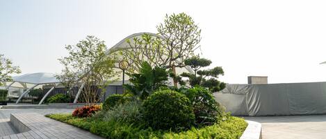 Un jardin sur le toit, agrémenté de diverses plantes, avec une structure architecturale moderne en arrière-plan.