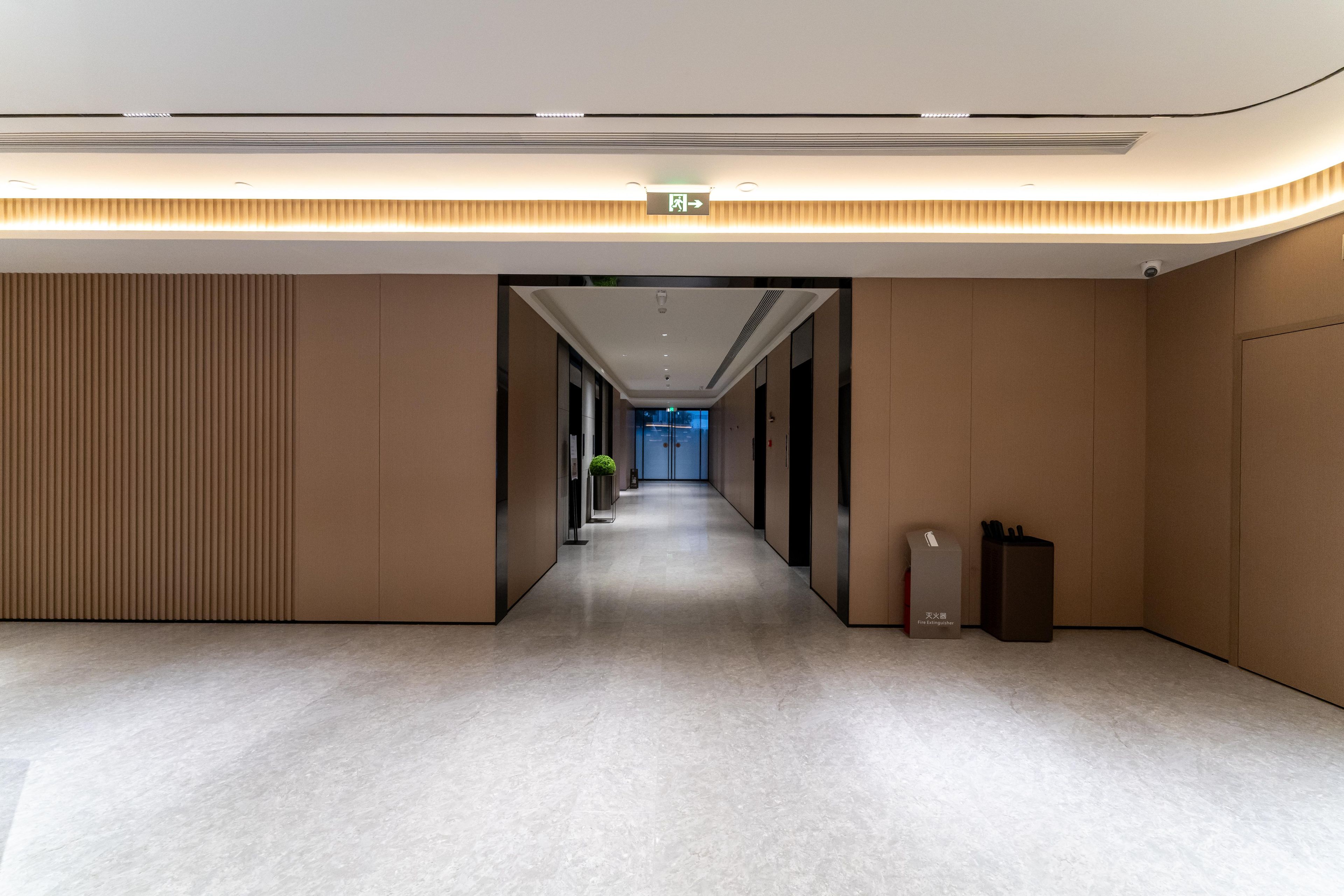 A modern hotel hallway with a long corridor, a trash bin, and a potted plant.