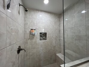 Hair dryer, towels, soap, shampoo