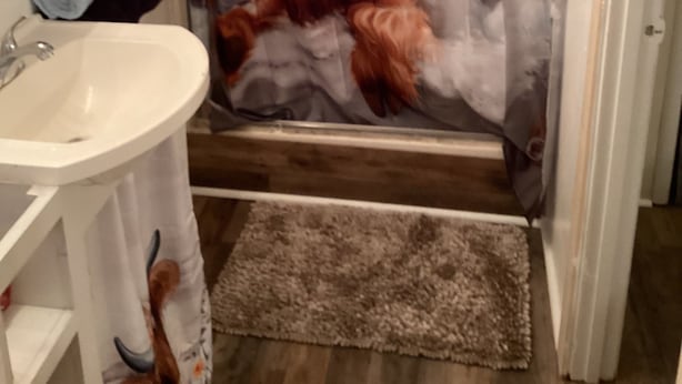 Kylpyhuone, jossa on suihkuverho, jossa on kuvioitu lehmä, pesuallas ja pieni matto.