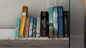 A bookshelf with books and two small potted plants.