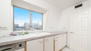 A modern kitchen with a Bosch dishwasher, a white sink, and a window with a city view.