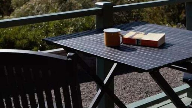 A table with a book and a mug, overlooking a coastal landscape with trees and the sea.