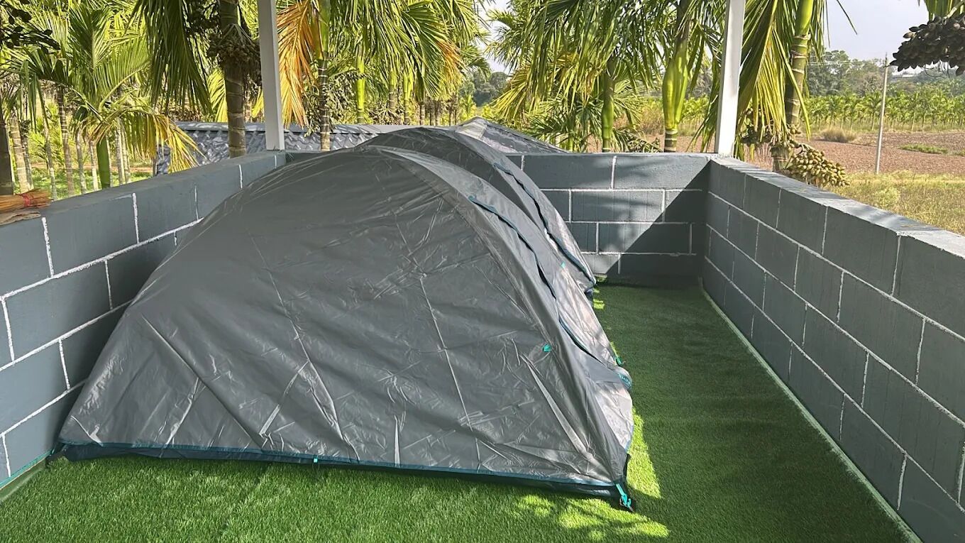 A tent set up in a corner with a brick wall and artificial grass flooring.