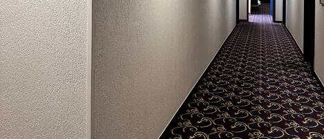 Un couloir d’hôtel avec un tapis à motifs, des tableaux encadrés accrochés aux murs et un plafond doté d’un éclairage encastré.