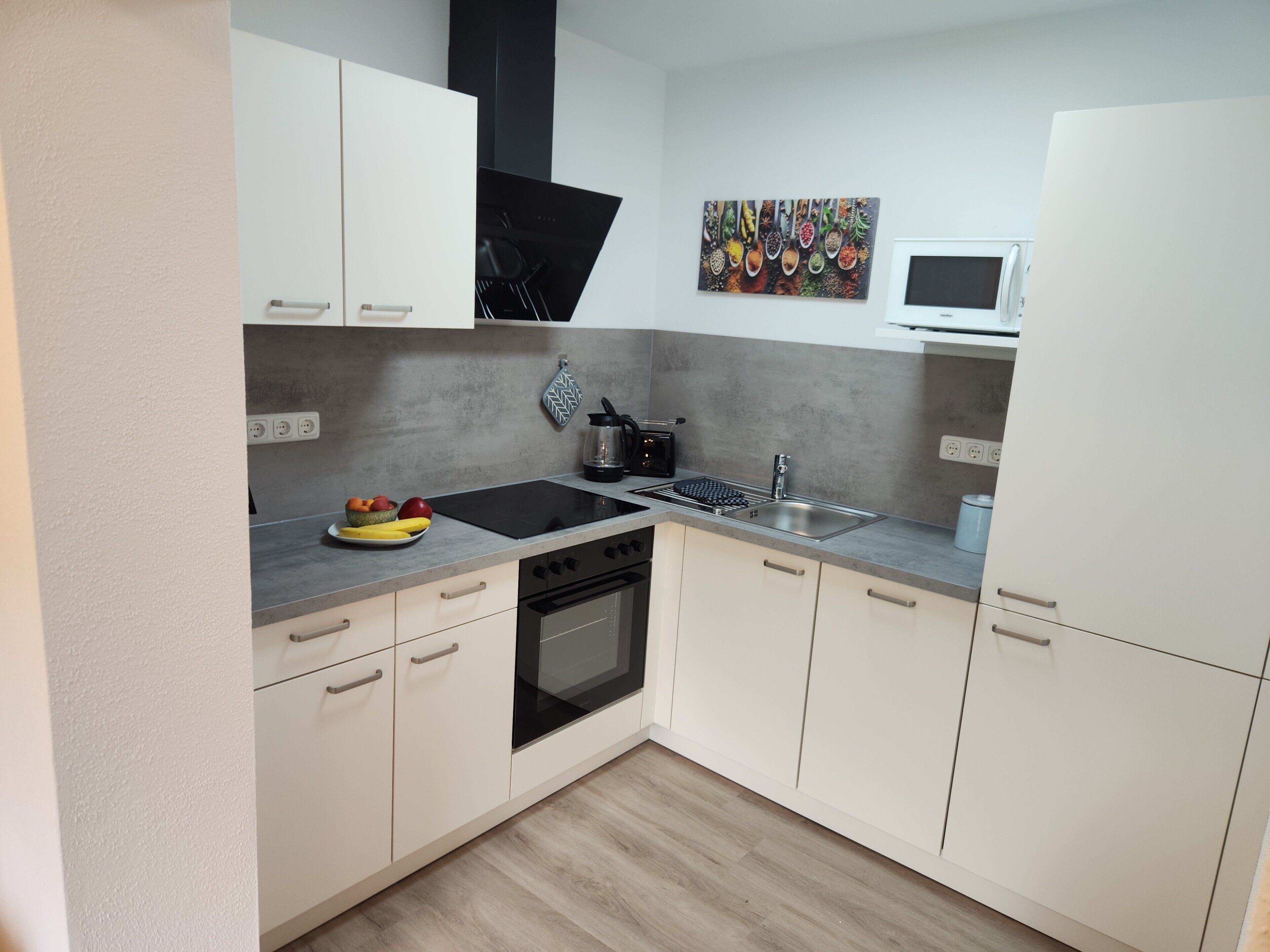 Frigorífico, microondas, horno y placa de cocina