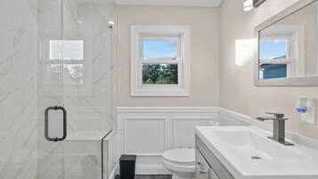 Shower, hair dryer, bidet, towels