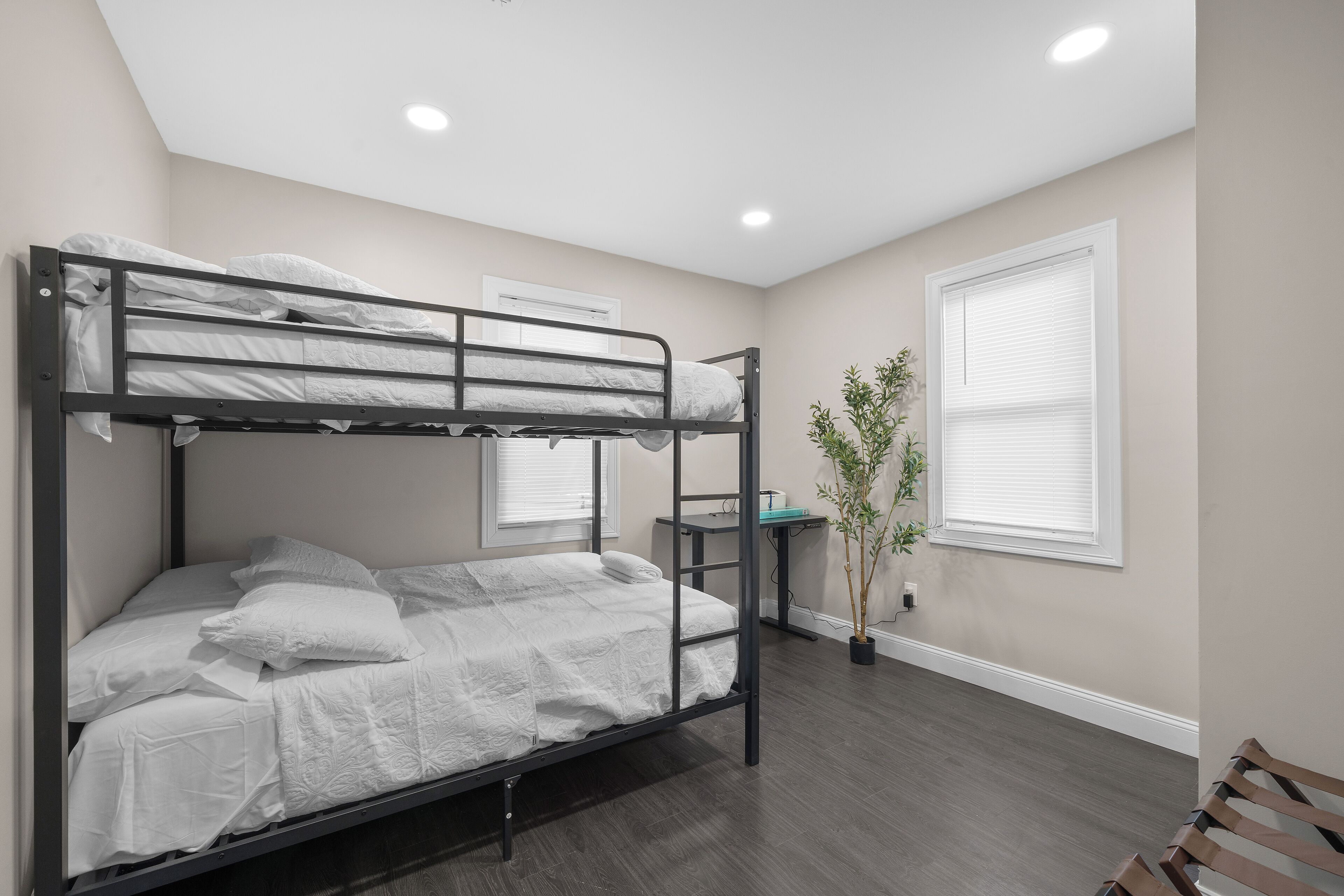 A bunk bed room with a desk and a potted plant.