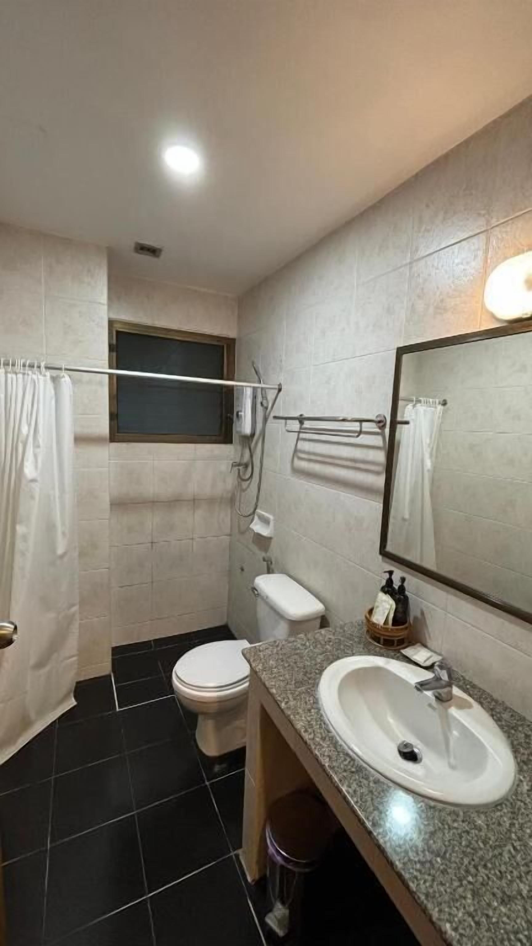 Un baño con inodoro, lavamanos y zona de ducha.