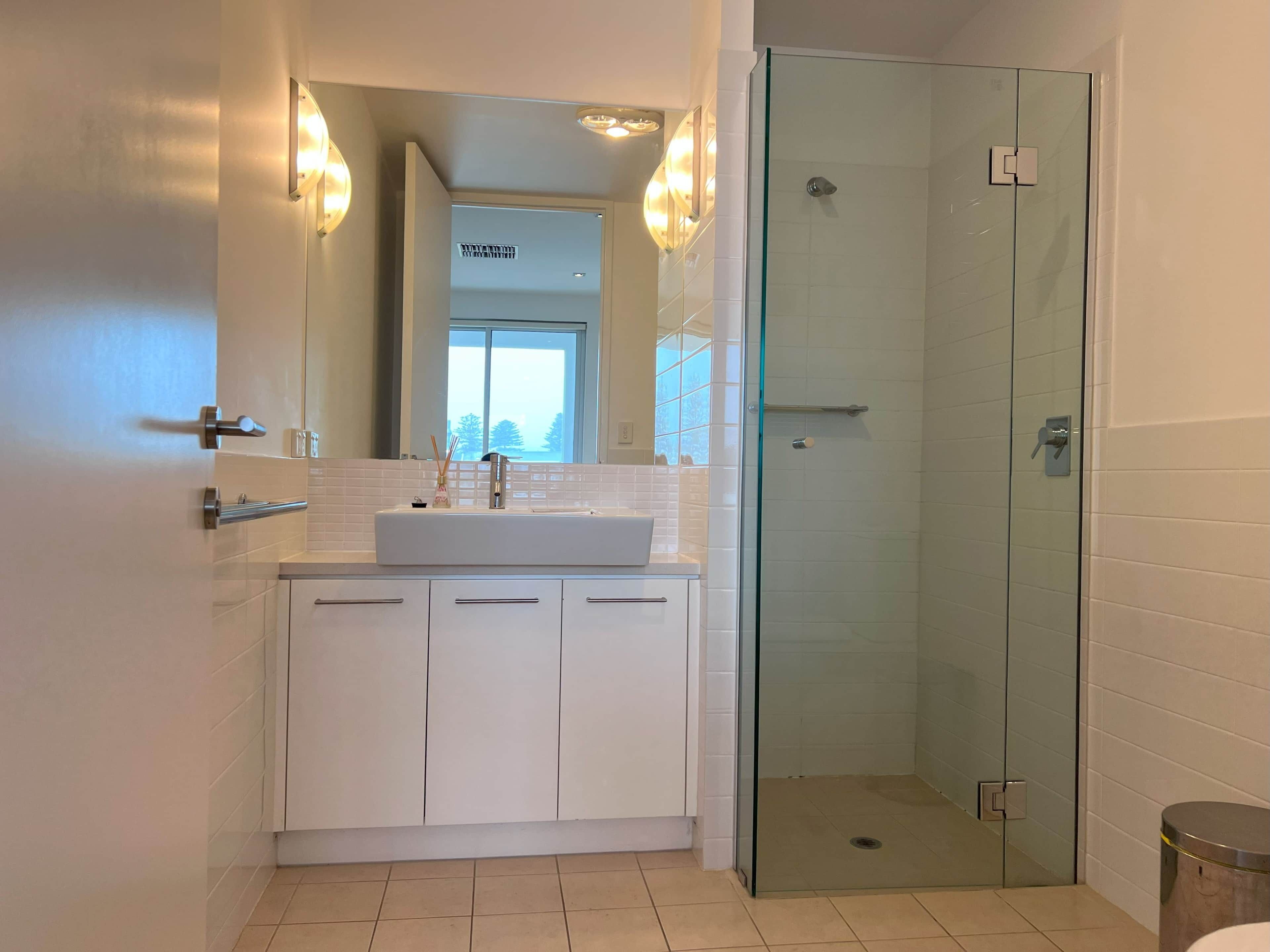 Shower, hair dryer, towels