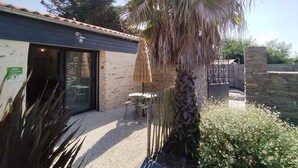Un bâtiment avec une porte en verre, un palmier et un mur en pierre.