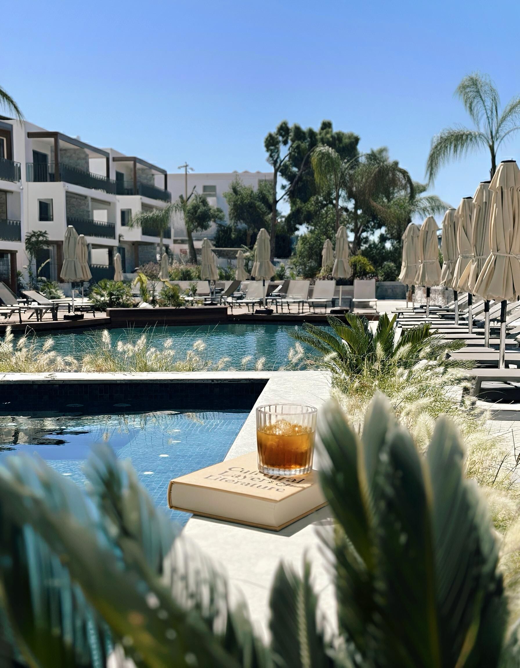 A poolside area with lounge chairs and umbrellas, a glass of drink on a coaster, and a book titled "Cultural Literature."